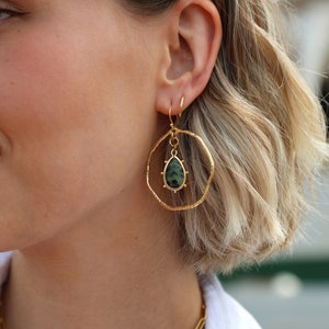 Hazel Earrings ~ Ruby in Zoisite ~ Summer Dangles Brass & Natural Green Gemstone Ocean Beach Vibes Gift Bridal Prom Wedding