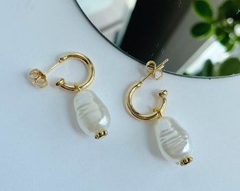 Amelia Pearl Hoops~ Petite Gold Plated Brass Earrings with removable charm Handmade Gift Wedding Bridal Minimal Summer Style