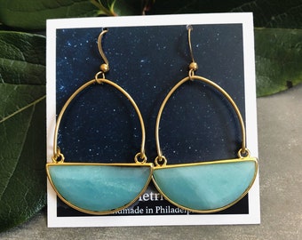 Clarion Earrings ~ Amazonite ~ Half Moon Mint Green Gemstones in Gold Plated Setting  Brass Hooks Handmade in Philadelphia Minimal