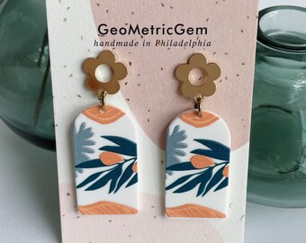 Sadie Earrings ~ Acrylic & Gold Plated Brass ~ Fruit Tree Design Stud Post Blue Orange White Dangles Summer Vacation Bridal Jewelry