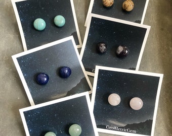 Simple Gemstone Stud Earrings ~ Rose Quartz Amethyst Aventurine Lapis Lazuli Jasper Turquoise Ball Gems Handmade in Philadelphia Minimal