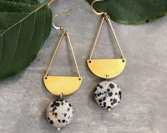 Glade Earrings ~ Dalmatian Jasper ~ Half Moon Circle Brass Black & Gray Round Gemstones Geometric Dangles Handmade in Philadelphia