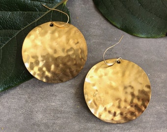 Hammered Disc ~ Large ~ Statement Hammered Brass Earrings 1.75" Circle Handmade in Philadelphia Geometric Jewelry Modern Minimal