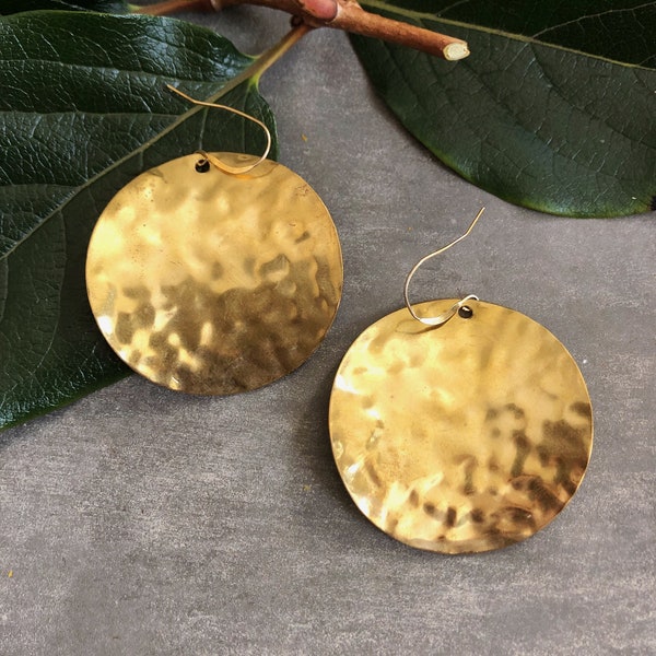 Hammered Disc ~ Large ~ Statement Hammered Brass Earrings 1.75" Circle Handmade in Philadelphia Geometric Jewelry Modern Minimal