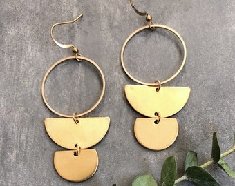 Aurora Earrings ~ Brass Gold Dangles Handmade in Philadelphia Geometric Jewelry Modern Minimal Circle Half Moon Sun