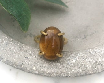 Tiger's Eye Ring ~ Size 6 7 8 9 ~ Large Oval Brown Quartz Gemstone Gold Craw Brass Setting Cocktail Statement Ring Gift