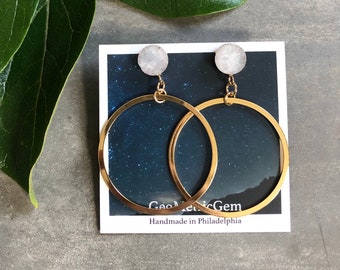 Smith Earrings ~ Moonstone ~ 14K Gold Plated Circle & Opaque White Gemstone Brass Stud Handmade in Philadelphia