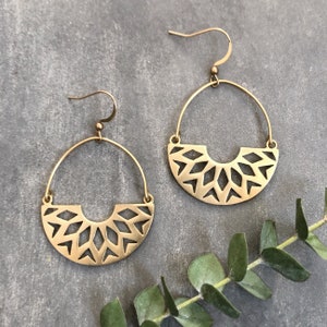 Powell Earrings ~ Gold ~ Brass Statement Cutout Half Moon Dangles Handmade in Philadelphia Geometric Jewelry Modern Minimal Circle