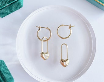 Lana Hoops~ Tiny~ Love Collection~ Gold Plated Brass w/ removable Heart Lock Earrings Handmade Geometric Jewelry Valentine's Gift