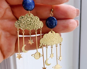 Lindsay Earrings ~ Lapis Lazuli ~ Statement Brass Cloud Moon Star Planet Dangles Earthy Etching natural Blue Gemstones Geometric Jewelry