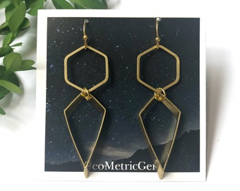 Small Kite Earrings ~ Geometric Dangle Gold Earrings Hexagon & Spike Shapes Unique Gift Handmade in Philadelphia