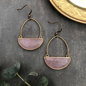 Clarion Earrings ~ Rose Quartz ~ Half Moon Soft Pink Gemstones in Gold Plated Setting  Brass Hooks Handmade in Philadelphia Minimal