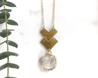 Bailey Necklace ~ Long Brass Chevron & Clear Quartz Crystal Geometric Pendant Delicate 14K Gold Plated Chain Handmade in Philadelphia GN102