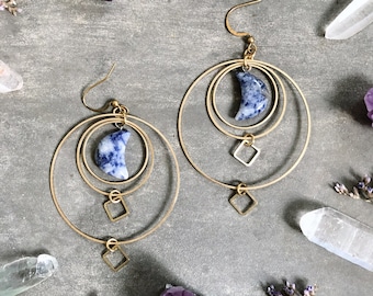 North Earrings ~ Sodalite ~ Lightweight Statement Circle Gold Dangles Blue White Moon Geometric Jewelry magic Valentine's gift