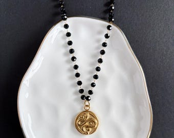 Naya Necklace ~ 18K Gold Plated Delicate Coin Serpent Snake Stainless Steel Black Onyx Chain Handmade in Philadelphia Jewelry Modern