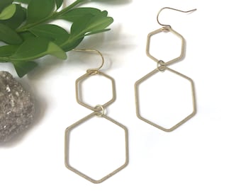 Hexagon Dangles ~ Hammered Circle Disc Brass  Geometric Earrings gold Earrings Unique Gift Handmade in Philadelphia
