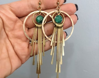 Mullica Earrings with Emerald ~ Delicate Brass Fringe Sun Ray Gold Green Gemstone Dangles Handmade in Philadelphia Geometric Jewelry