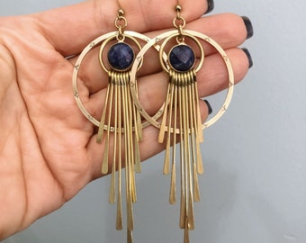 Mullica Earrings with Lapis Lazuli ~ Delicate Brass Fringe Sun Ray Gold Blue Gemstone Dangles Handmade in Philadelphia Geometric Jewelry
