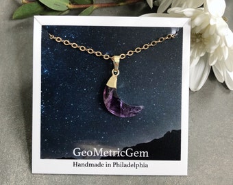 Crescent Moon Necklace ~ Amethyst ~ Gold Electroplated Purple Gemstone & gold plated Chain Celestial Pendant Birthday Gift