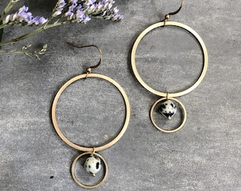 Belmont Earrings ~ Dalmatian Jasper ~ Animal Print Gemstone Beads Circles Hoop Brass Statement Geometric Gray Black White Dangles Handmade