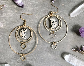 North Earrings ~ Dalmatian Jasper ~ Lightweight Statement Circle Gold Dangles Black Gray Moon Geometric Jewelry magic Valentine's gift