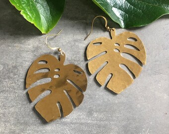 Monstera Earrings ~ Statement Hammered Brass Leaf Plant Gold Color Dangles Handmade in Philadelphia Flower