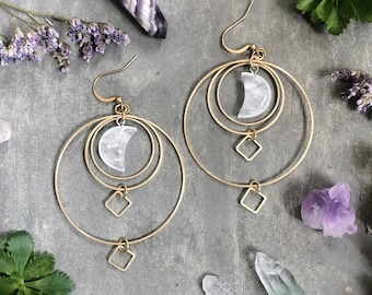 North Earrings ~ Quartz ~Lightweight Statement Circle Gold Dangles with Clear White Moon Handmade in Philadelphia Geometric Jewelry  magic