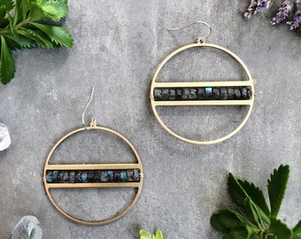 Winola Earrings ~ Labradorite  ~ Statement Circle Gold Brass Dangles with Earthy Gray Gemstones Handmade in Philadelphia Geometric Jewelry