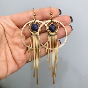 Mullica Earrings with Lapis Lazuli ~ Delicate Brass Fringe Sun Ray Gold Blue Gemstone Dangles Handmade in Philadelphia Geometric Jewelry