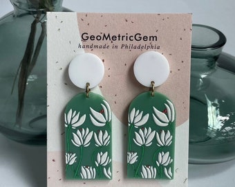 Alice Earrings ~ Green & White ~ Floral Flower Design Acrylic Stud Post Dangles Summer Vacation Bridal Jewelry