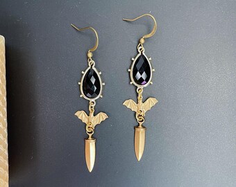 Boucles D'oreilles Chauve-souris Gothiques Noir Et Rouge - Style Punk Rock, Cristal, Pendantes, Pour Fêtes, Halloween