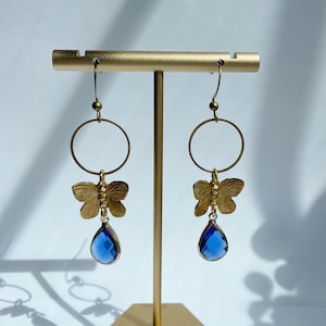 Butterfly Earrings with Blue Crystal Beads ~ Delicate Brass Dangle Earrings Handmade Jewelry Valentine&#39;s Day Gift Wedding Bridal Prom