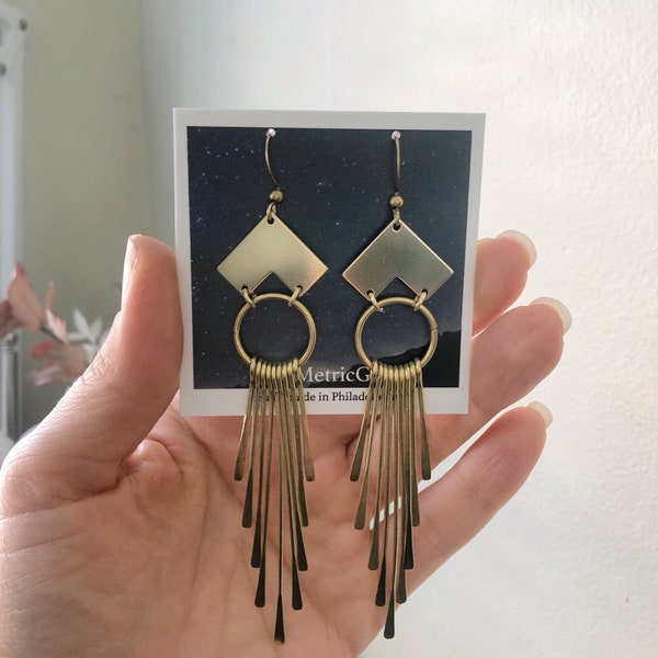 New River Earrings ~ Delicate Brass Long Fringe & Shevron Geometric Jewelry Modern Minimal Sun-Rays Quadrat Collection GE134