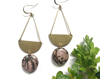 Glade Dangles w/ Rhodonite Gems ~ Half Moon Circle Brass Pink and Black Round Gemstones Geometric Earrings Unique Handmade in Philadelphia