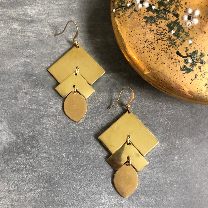 Shelby Earrings ~ Chevron /& Teardrop Oval Geometric Brass Jewelry made in Philadelphia Quadrat Collection GE139