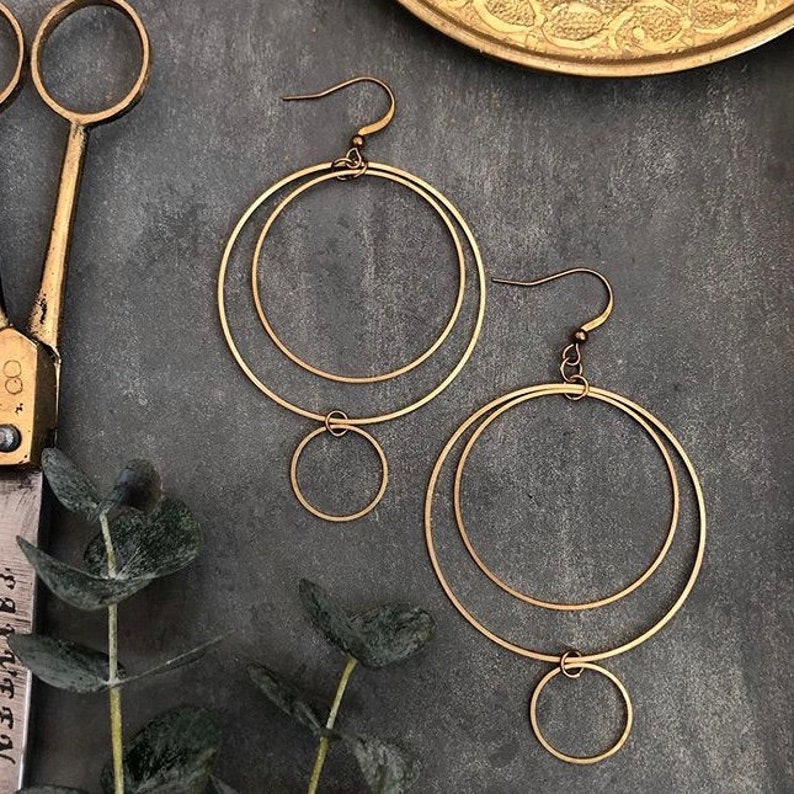 Rivanna Earrings Brass Double Circles Hoop Brass Statement Geometric Dangles Unique Handmade in Philadelphia image 3