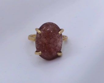 Cherry Quartz Ring ~ Sizes 5 6 7 8 9 10 ~ Large Oval Reddish Pink Gemstone Gold Craw Brass Setting Cocktail Statement Ring