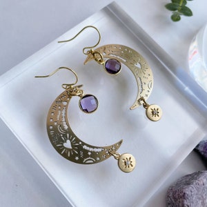 Alley Earrings ~ Amethyst~ Statement Crescent Moon  Star Gold Brass Dangles with natural Purple Gemstones Geometric Jewelry