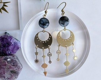 Ulrike Earrings ~ Lavrikite~ Statement Celestial Brass Moon Star Sun Arrow Dangles Earthy Etching natural  Gemstones Geometric Jewelry