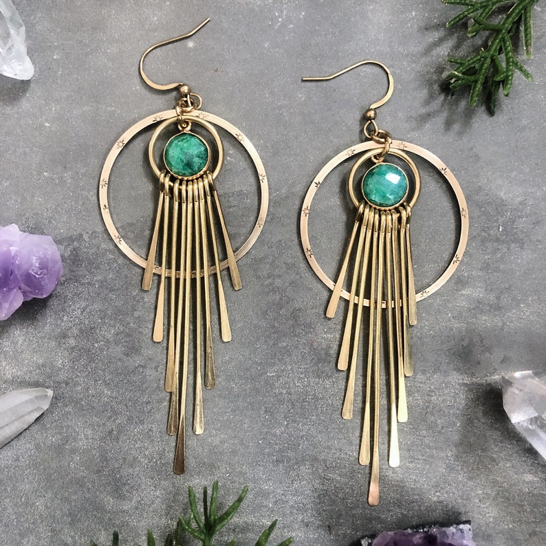 Mullica Earrings with Emerald Delicate Brass Fringe Sun Ray Gold Green Gemstone Dangles Handmade in Philadelphia Geometric Jewelry image 3