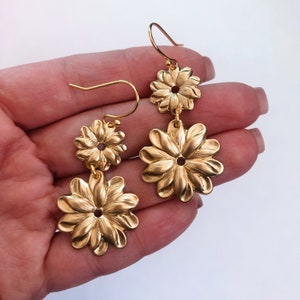 Daisies Earrings ~ Statement Double Daisy Flower Brass Summer Dangles Handmade in Philadelphia Vintage Inspired Jewelry