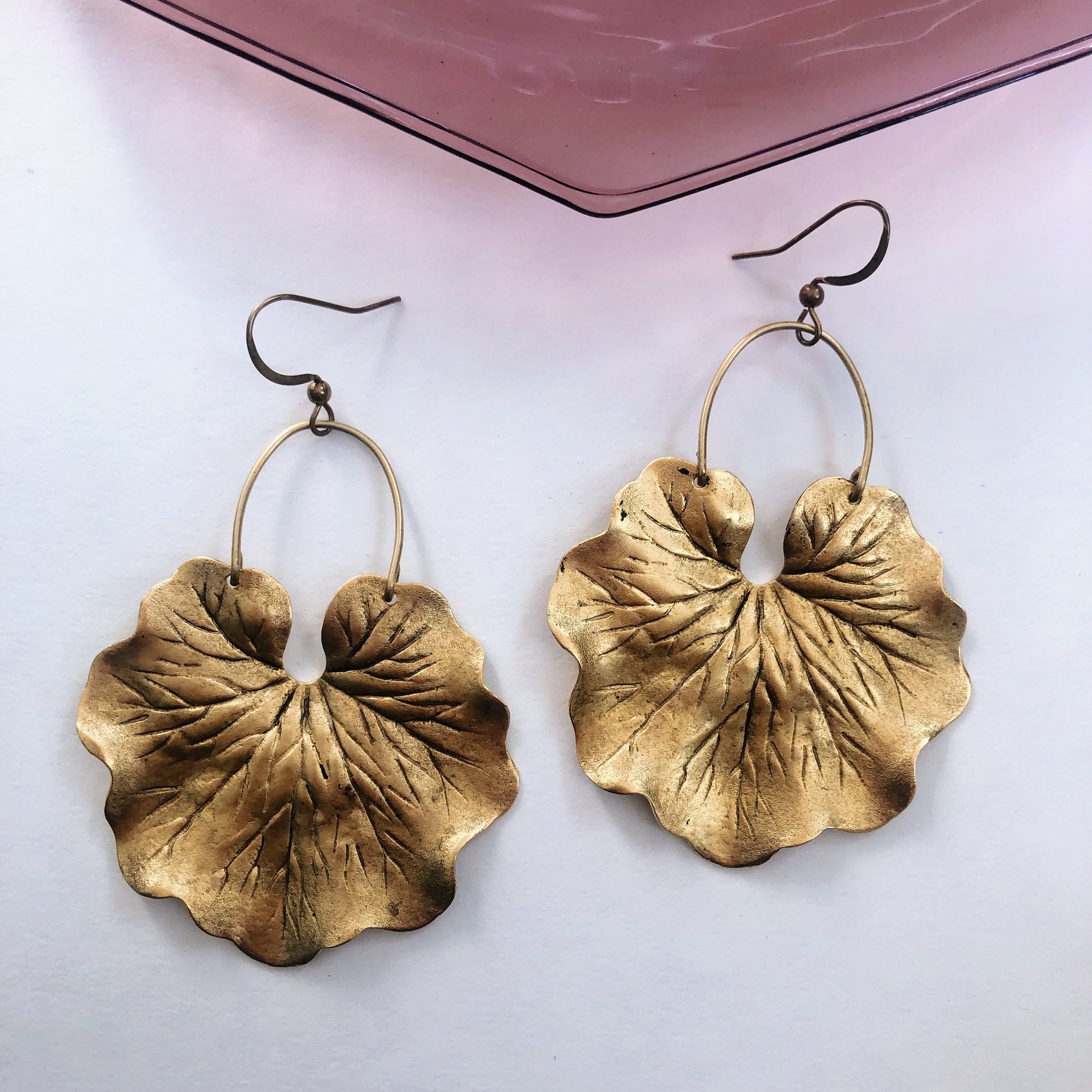 Geranium Leaf Earrings ~ Statement Textured Matte Brass Plant 
