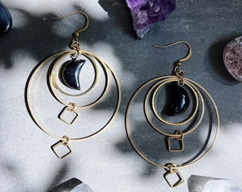 North Earrings ~ Black Jasper  ~ Lightweight Statement Circle Gold Dangles Black Gray Moon Geometric Jewelry magic Valentine's gift