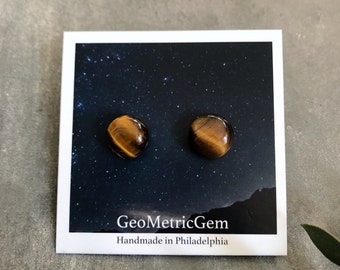 Simple Gemstone Stud Earrings ~ Tiger's Eye ~ Golden Brown Stone Ball  Surgical Steel Posts Gems Handmade in Philadelphia Minimal