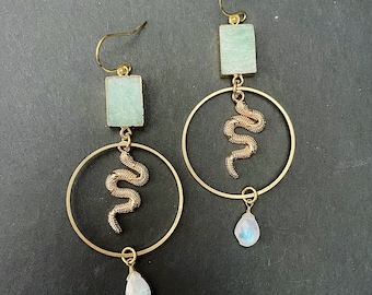 Remi Snake Earrings ~ Amazonite & Moonstone ~ Statement Gold Plated Dangles Handmade Jewelry