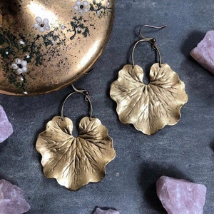 Geranium Leaf Earrings ~ Statement Textured Matte Brass Plant Leaves Dangles Handmade in Philadelphia Vintage Inspired Jewelry