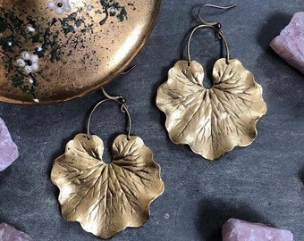 Geranium Leaf Earrings ~ Statement Textured Matte Brass Plant Leaves Dangles Handmade in Philadelphia Vintage Inspired Jewelry
