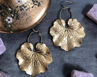 Geranium Leaf Earrings ~ Statement Textured Matte Brass Plant Leaves Dangles Handmade in Philadelphia Vintage Inspired Jewelry