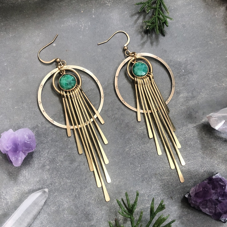 Mullica Earrings with Emerald Delicate Brass Fringe Sun Ray Gold Green Gemstone Dangles Handmade in Philadelphia Geometric Jewelry image 2