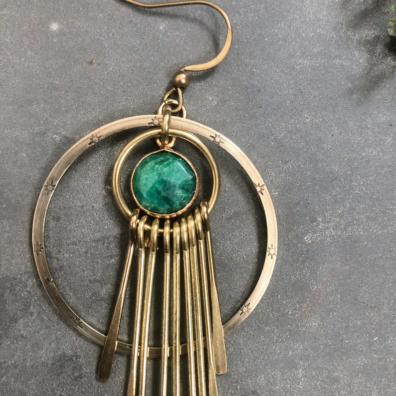 Mullica Earrings with Emerald Delicate Brass Fringe Sun Ray Gold Green Gemstone Dangles Handmade in Philadelphia Geometric Jewelry image 4